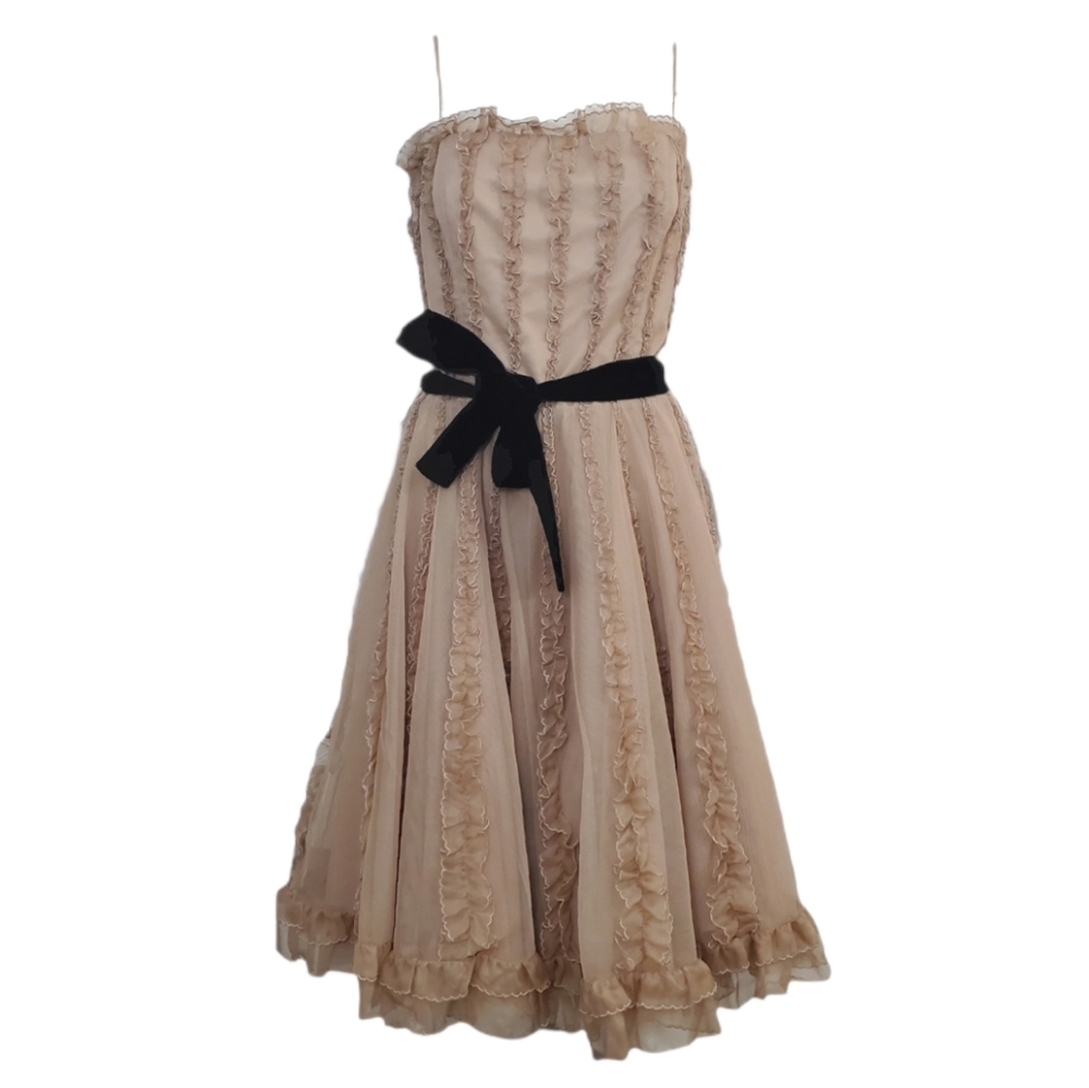 New RED Valentino Nude/Antique Rose Ruffled Sleeveless Silk Organza Belted Dress